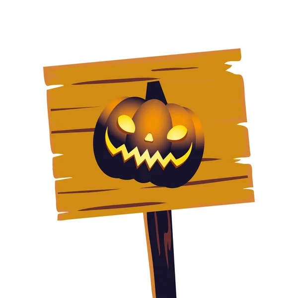 Desenho animado de abóbora laranja Halloween em design de vetor de banner de madeira —  Vetores de Stock