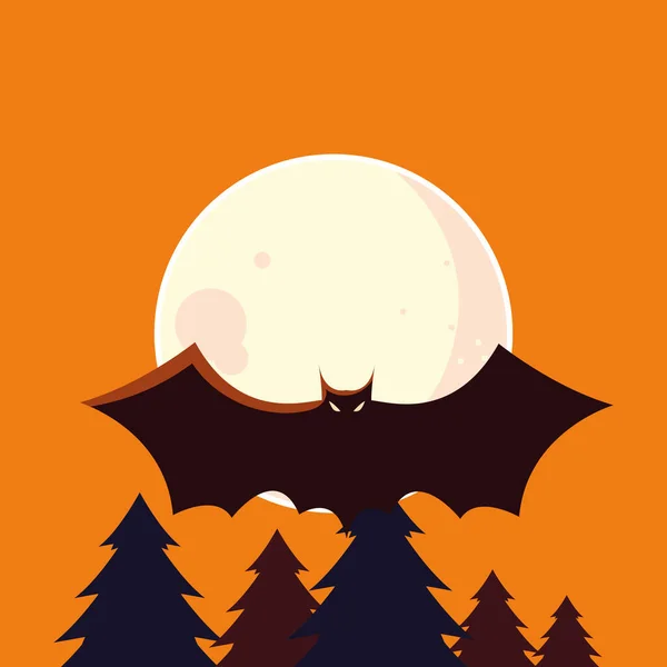 Halloween murciélago de dibujos animados en frente de diseño de vectores lunares — Vector de stock
