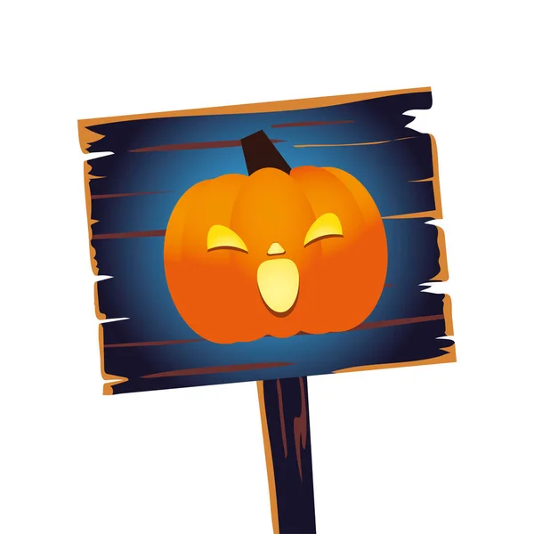 Desenho animado de abóbora laranja Halloween em design de vetor de banner de madeira — Vetor de Stock