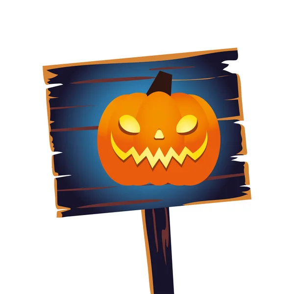 Desenho animado de abóbora laranja Halloween em design de vetor de banner de madeira — Vetor de Stock