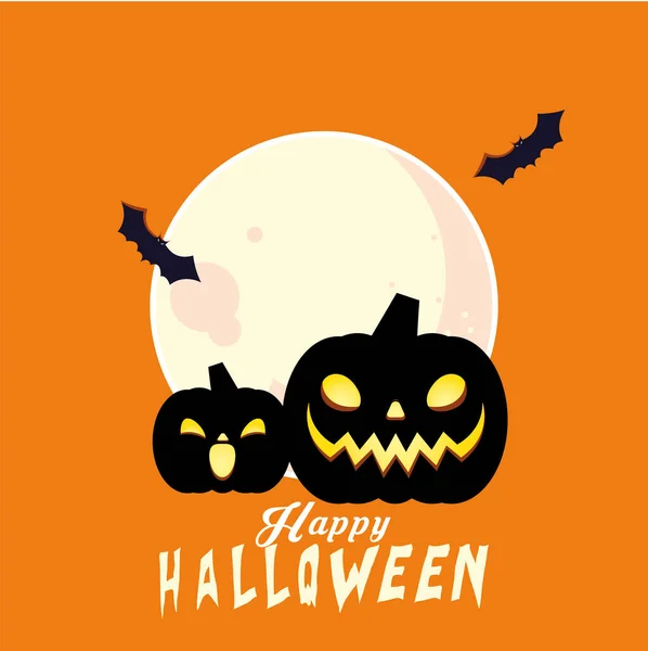 Halloween citrouilles noires dessins animés devant la lune avec design vectoriel chauves-souris — Image vectorielle