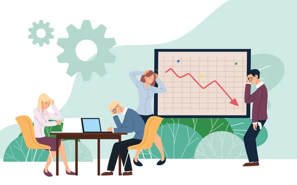 Empresários com dor de cabeça diminuir seta a bordo e design de vetor de mesa —  Vetores de Stock