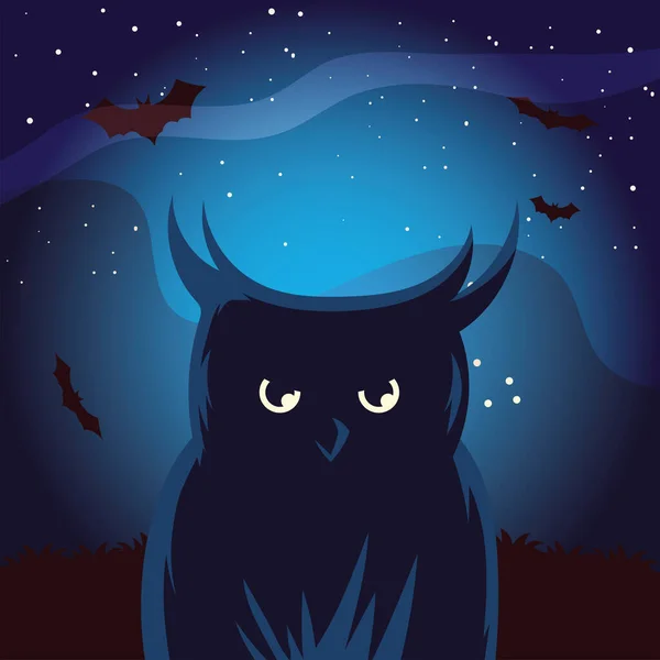 Búho de Halloween de dibujos animados con murciélagos en el diseño vectorial noche — Vector de stock