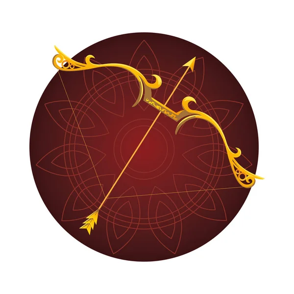 Gouden pijl en boog in rood mandala ornament vector ontwerp — Stockvector