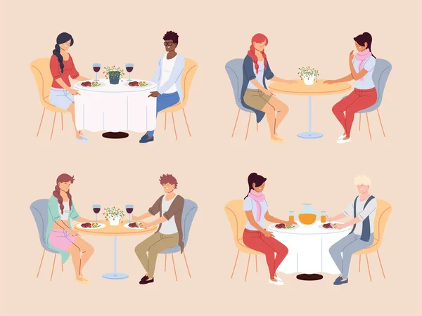 Set of people having dinner in the restaurant — Stock Vector