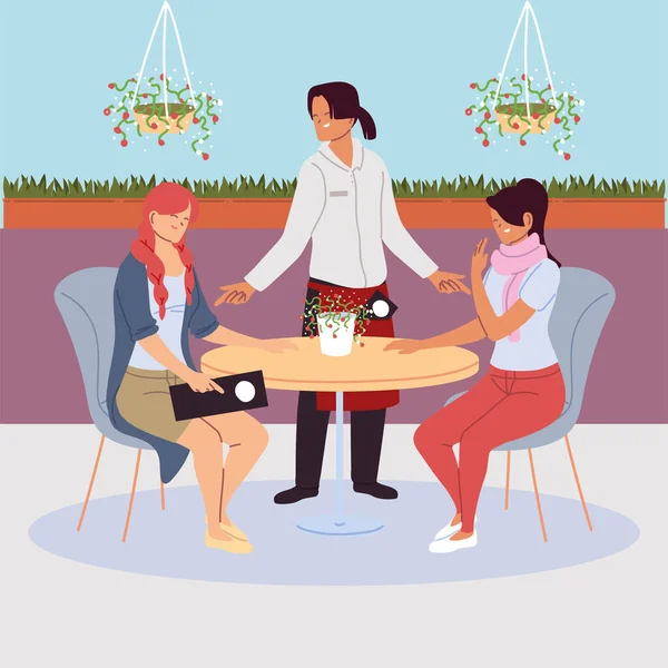 Γυναίκες που κάθονται στο τραπέζι του εστιατορίου, σερβιτόρα που σερβίρει — Διανυσματικό Αρχείο