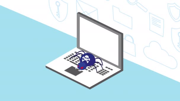 Cybersäkerhet animation med bärbar dator och spindel — Stockvideo