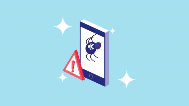 Animação de segurança cibernética com smartphone e aranha — Vídeo de Stock