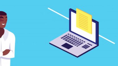 laptop ve afro kullanıcı ile siber güvenlik animasyonu
