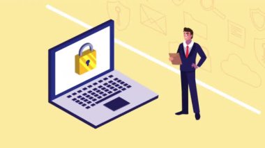 Dizüstü bilgisayar karakter canlandırmasında asma kilit kullanan işadamı