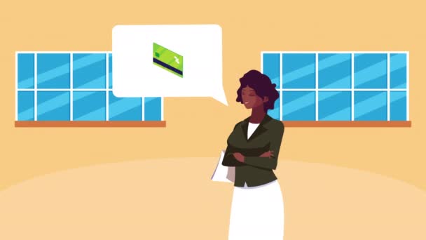 Afro zakenvrouw werknemer denken in credit card karakter animatie — Stockvideo