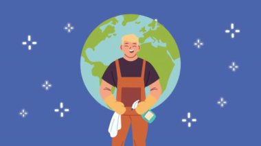 Su şişesi ve dünya karakteriyle erkek temizlikçi.