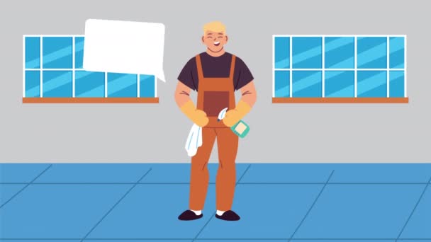 Man rengöring arbetare med stänk flaska karaktär — Stockvideo
