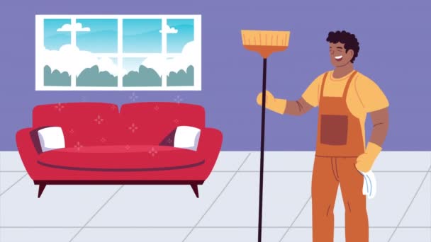 Άνδρας καθαριστής σκούπισμα με σκούπα στο χαρακτήρα σαλόνι — Αρχείο Βίντεο