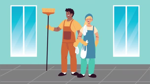 Interracial pareja limpieza trabajadores con escoba caracteres — Vídeo de stock