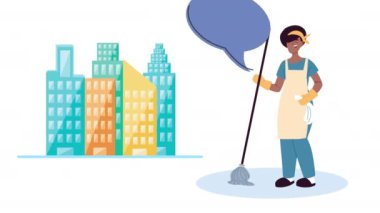 Şehre paspas yapıştırmış afro kadın temizlikçi