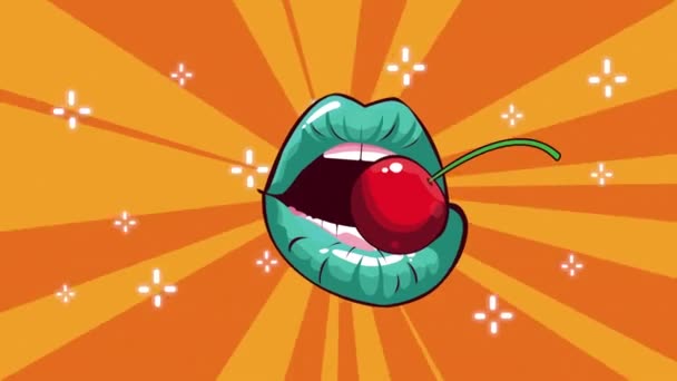 Pop art styl animacji z kobieta usta jedzenie wiśnia — Wideo stockowe
