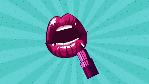 Animación de estilo pop art con lápiz labial y boca — Vídeo de stock