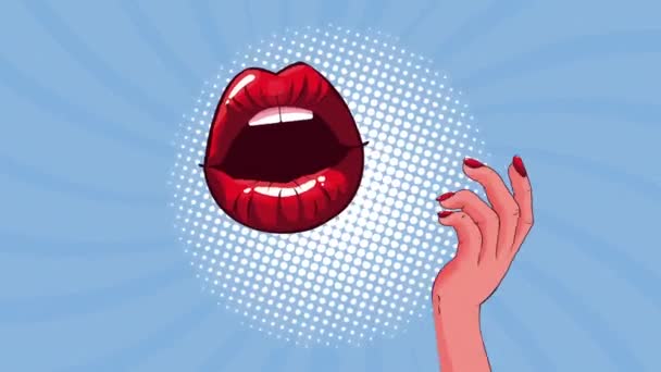 Pop art styl animace s ruční zvedání sexi žena ústa — Stock video