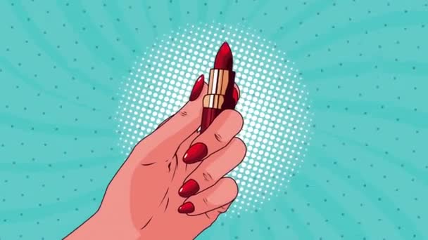 손으로 립스틱을 들고 있는 팝 아트 스타일의 애니메이션 — 비디오
