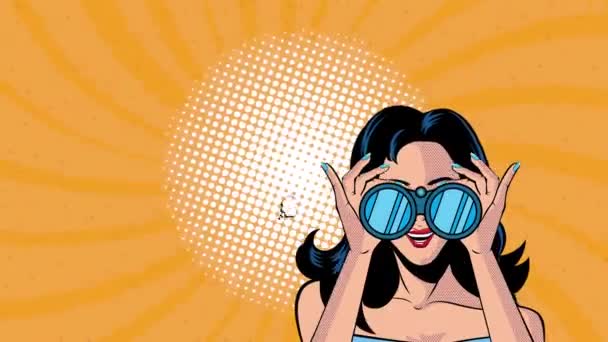 Animación de estilo pop art con mujer sexi usando prismáticos — Vídeo de stock