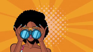 Dürbün kullanan seksi afro kadınla pop sanat animasyonu