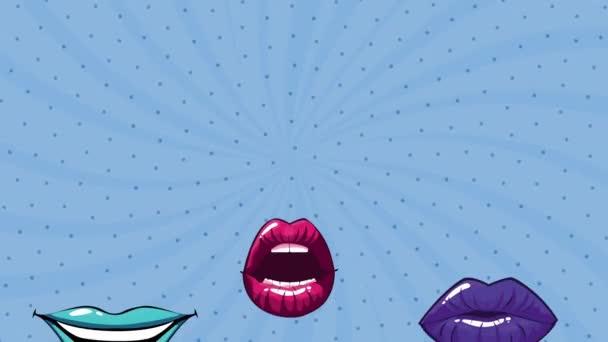 Animación estilo pop art con bocas y labios patrón — Vídeos de Stock