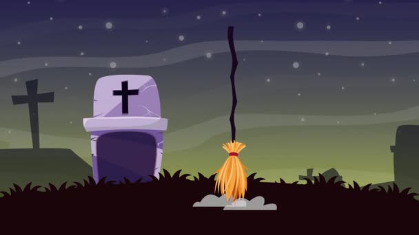 Animação feliz dia das bruxas com túmulo do cemitério — Vídeo de Stock