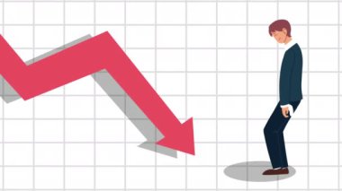 İflas finansal animasyonu, ok aşağı ve iş adamı