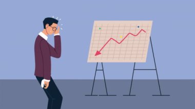 Depresyondaki iş adamı ve kağıt tahtası ile iflas finansal animasyonu