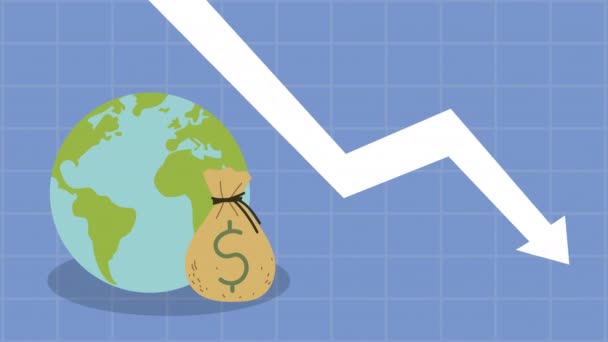 Bancarrota animação financeira com seta para baixo e planeta terra — Vídeo de Stock