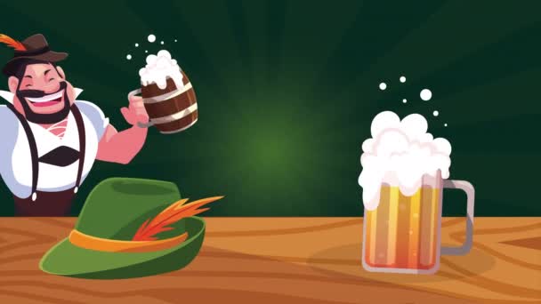 Oktoberfest celebration animation with german man drinking beer — Stock Video