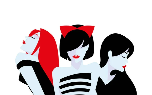 Sexy mulheres de cabelo vermelho e preto em design vetorial estilo cômico — Vetor de Stock