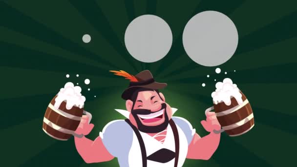 Oktoberfest celebration animation with german man drinking beers — Stock Video