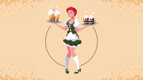Animação celebração oktoberfest com menina alemã sexi servindo cervejas — Vídeo de Stock