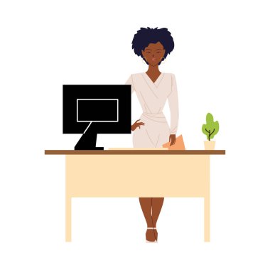 Siyahi iş kadını karikatürü, masa başı vektör tasarımında dosya ve bilgisayar.