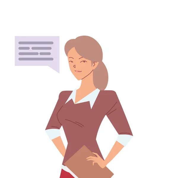 Business woman cartoon with communication bubble and file vector design — стоковый вектор