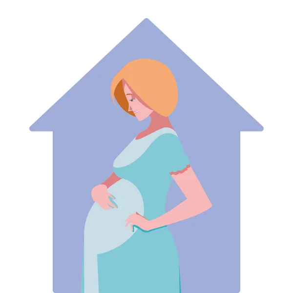 Mulher grávida loira desenhos animados no projeto do vetor da casa —  Vetores de Stock