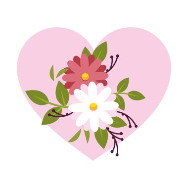 Kalp vektör tasarımının önünde yaprakları olan pembe ve beyaz çiçekler