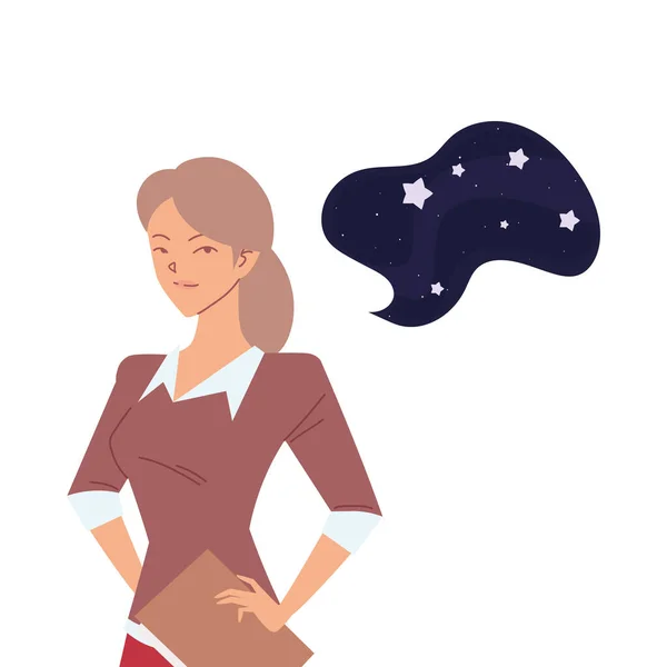 Business woman cartoon with file and night bubble vector design — стоковый вектор