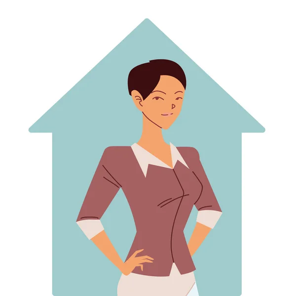 Business woman cartoon in front of house vector design — стоковый вектор