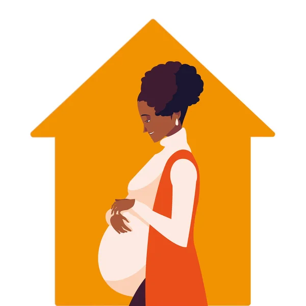 Siyah hamile kadın karikatürü ev vektör tasarımında — Stok Vektör
