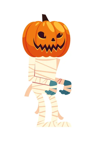 Halloween momie dessin animé avec masque citrouille conception vectorielle — Image vectorielle