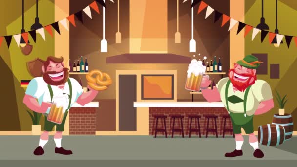 Oktoberfest celebration animation with german men drunks drinking beers in bar — Stock Video