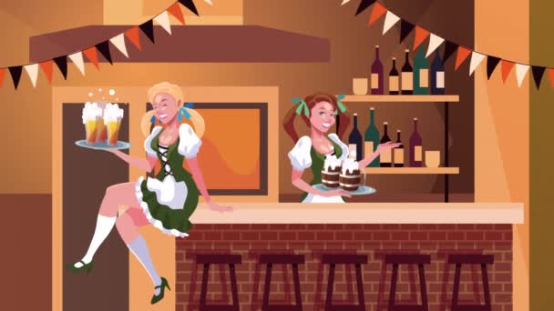 Oktoberfest celebration animation with sexi german girls serving beers in bar — Stock Video