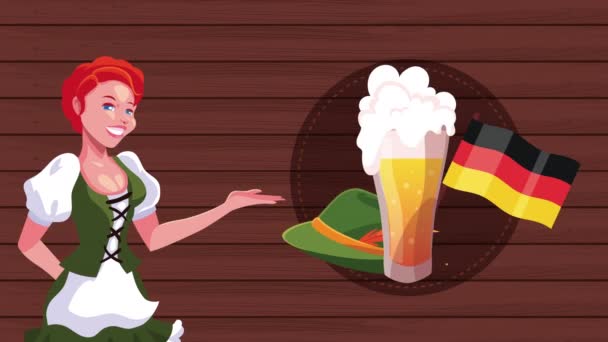 Ekim Festivali, seksi Alman kız ve berr ve yiyeceklerle yapılan animasyonu kutluyor — Stok video