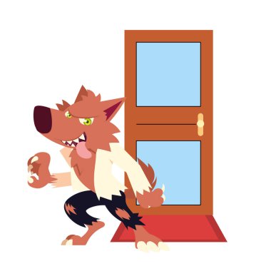 Cadılar Bayramı kurt adam çizgi filmi kapı vektör tasarımının önünde.