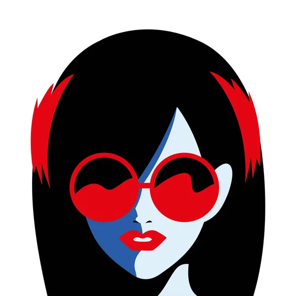 Sexy černé vlasy žena s červeným sluchátkem a brýlemi v komiksovém stylu vektorový design — Stockový vektor