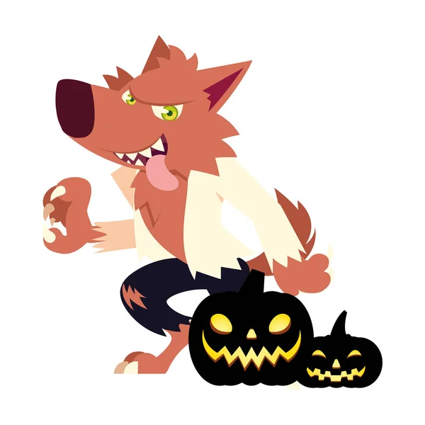Halloween werewolf cartoon with pumkins vector design — Stock Vector