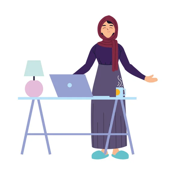 Cartoon mulher muçulmana com laptop em design de vetor de mesa —  Vetores de Stock